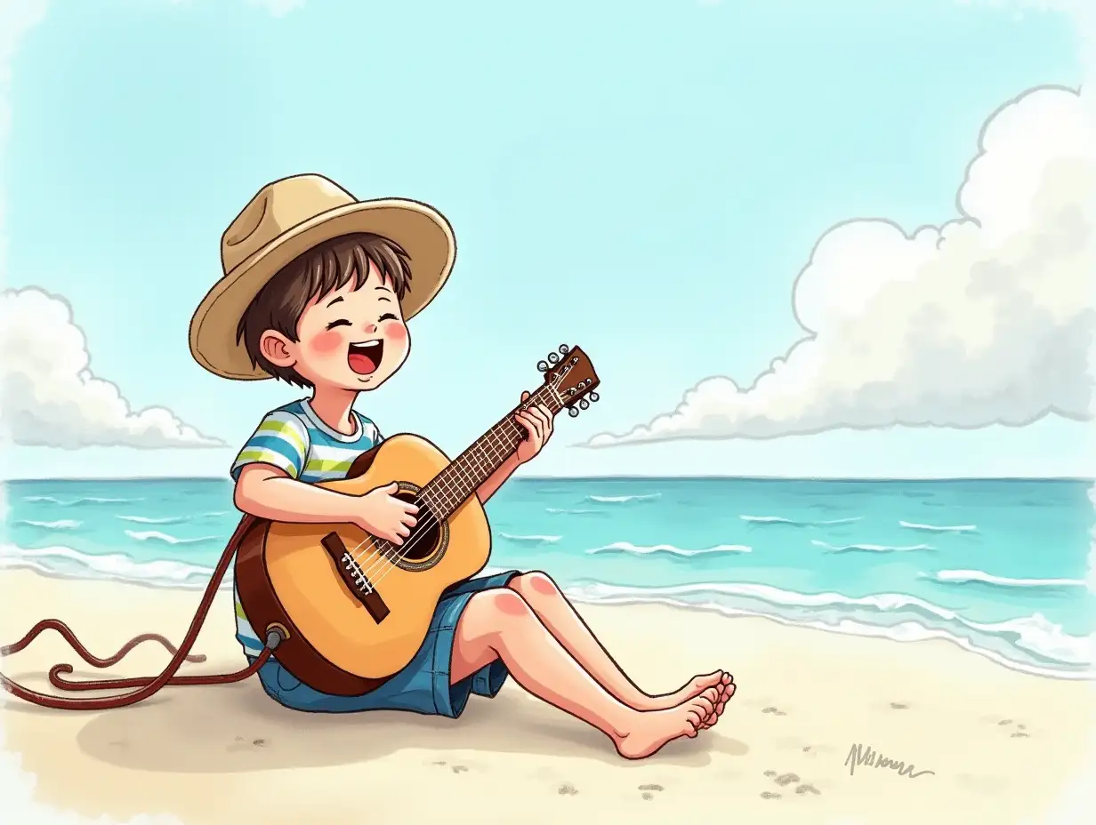 drawing of a 10 year old boy playing the guitar and singing at the beach