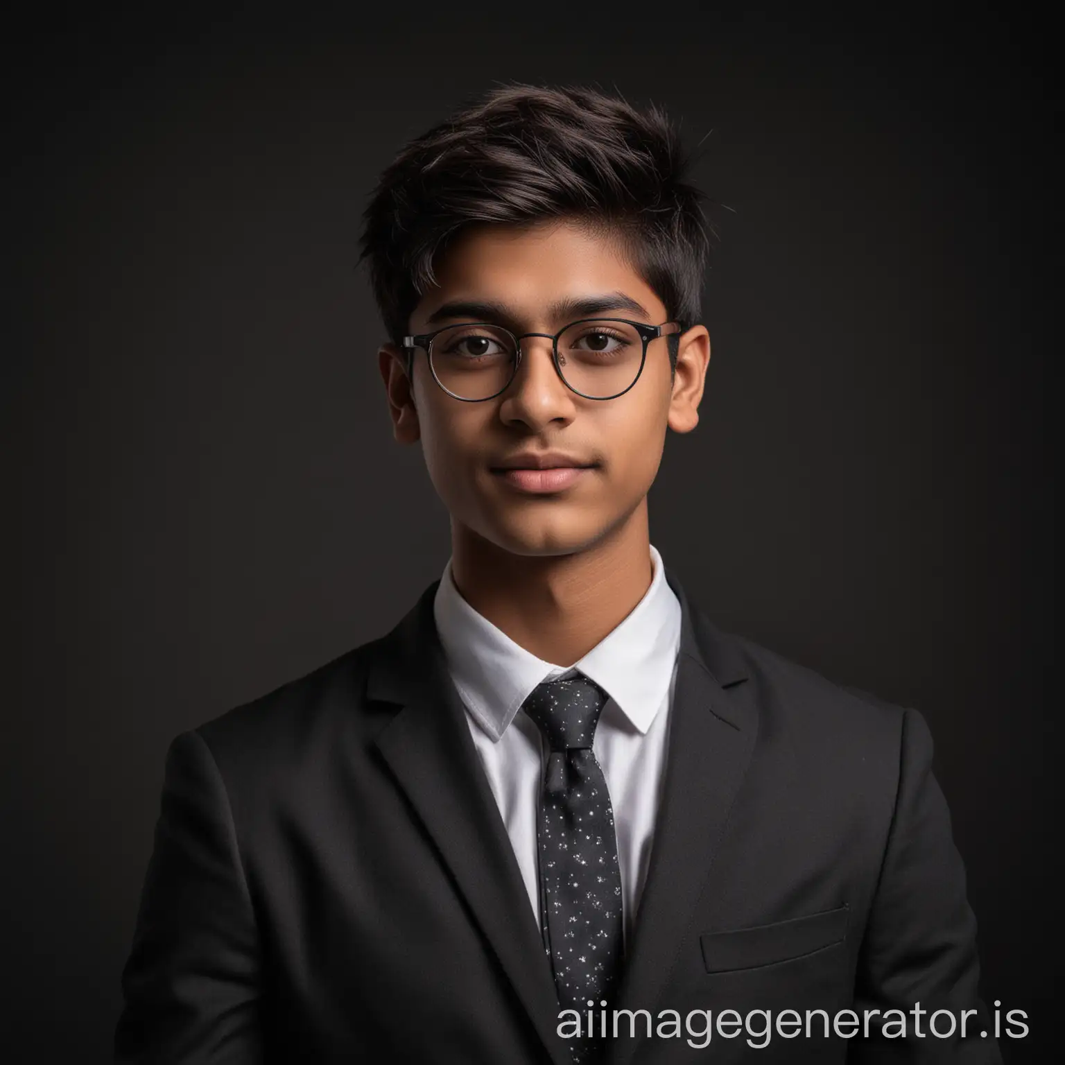 19 year old indian boy with fair skin wearing spectacles and narrow body posing for a linkedin in formals in black background