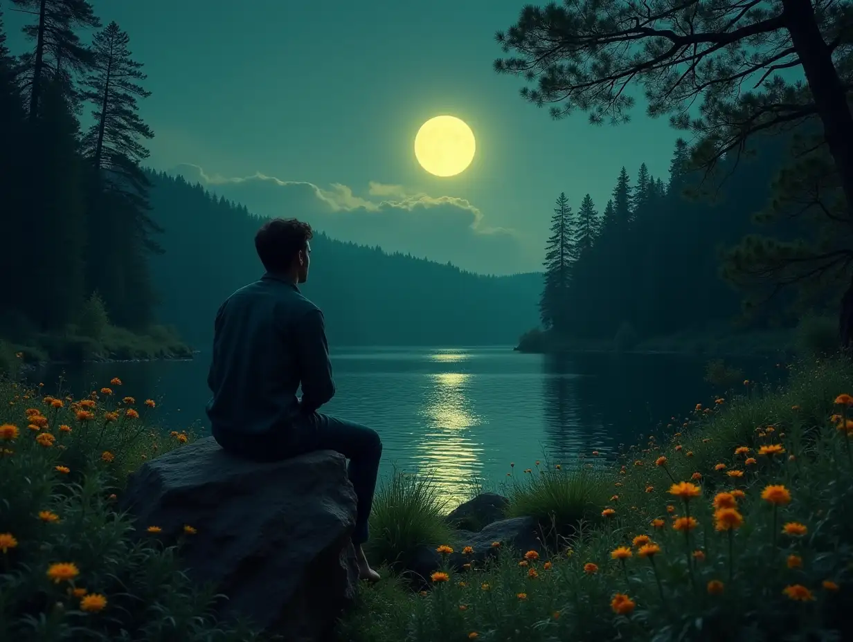 A man in deep love, thinking about a woman, in the green forest in night. Bright yellow Moon in sky. forest full of colourful flowers. Big lake behind man, sitting on edge on big rock, missing women.