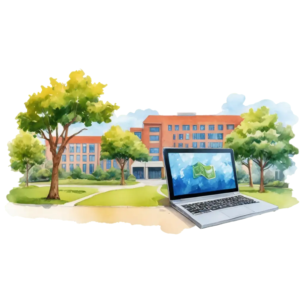 Watercolor-Illustration-of-a-Giant-Laptop-on-a-University-Campus-PNG-Format-for-HighQuality-Digital-Art