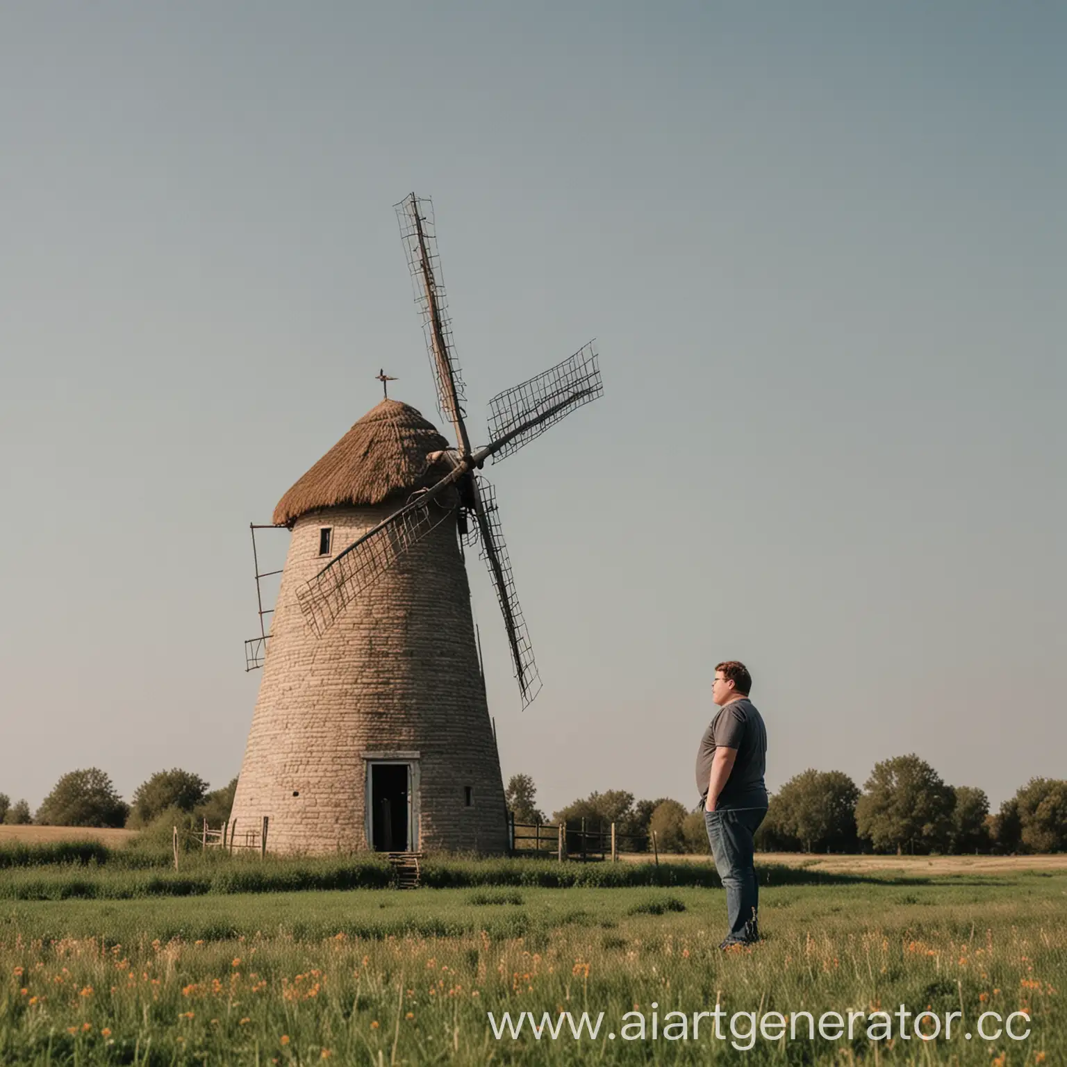 Cheerful-Man-Standing-by-Windmill-in-Countryside