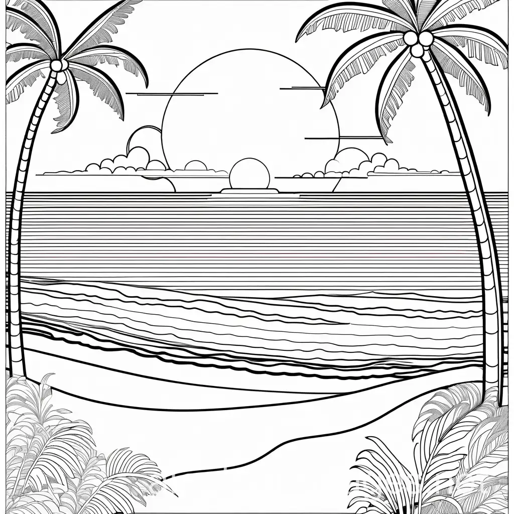 SUNSET ON BEACH WITH PALM TREES, Coloring Page, black and white, line art, white background, Simplicity, Ample White Space. The background of the coloring page is plain white to make it easy for young children to color within the lines. The outlines of all the subjects are easy to distinguish, making it simple for kids to color without too much difficulty