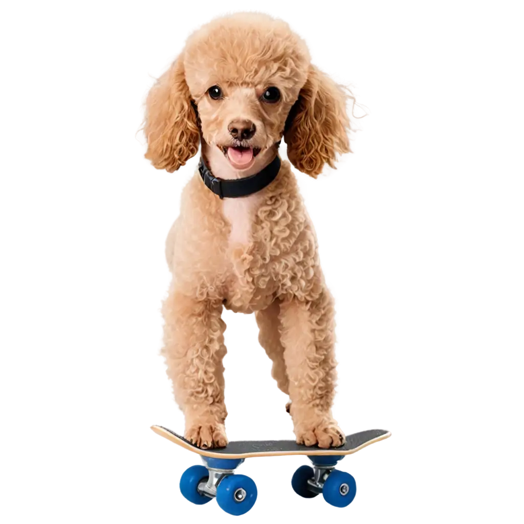 apricot poodle puppy riding a skateboard