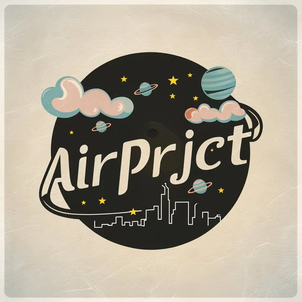 LOGO Design for AiRPRJCT Retro Celestial Circular Logo with Cosmic Clouds and City Skyline