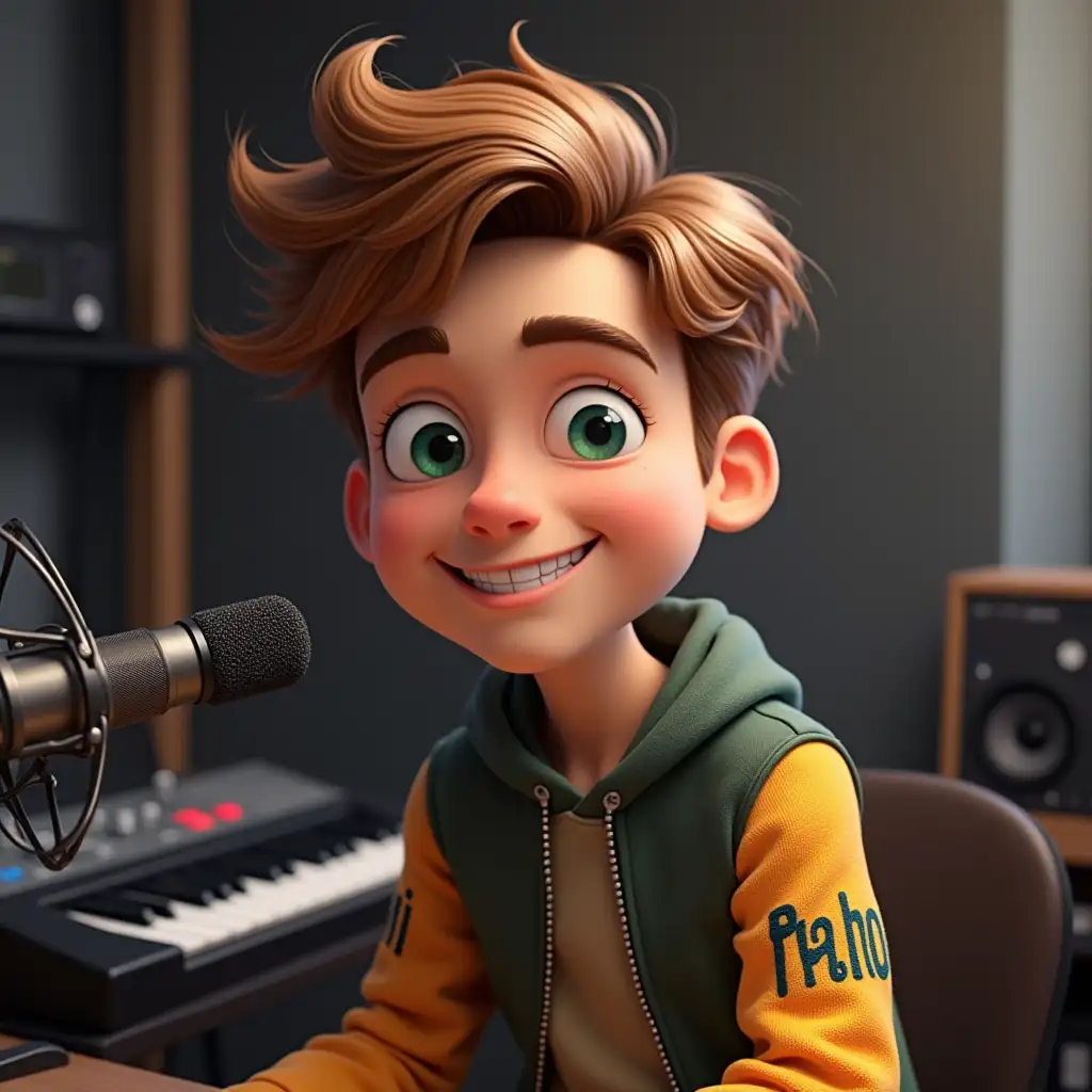 Create a puppet-style avatar of a friendly and charismatic character. The avatar should have light brown hair, expressive green eyes, and a fun, playful expression. He is sitting in a modern recording studio with a microphone, keyboard, and music production equipment visible in the background. He has text on his sleeves, right sleeve says Muni, and on the left sleeve it says pichanal.