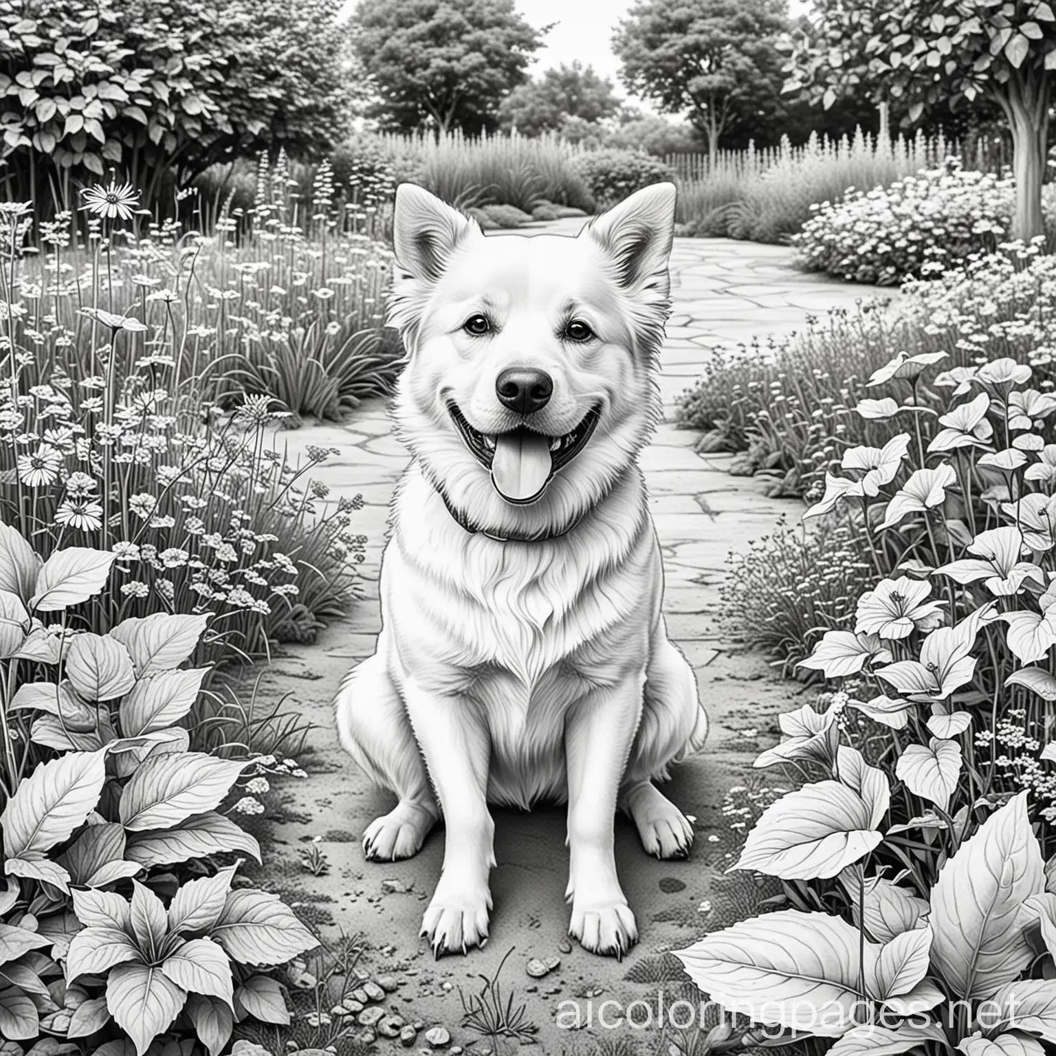 happy dog in garden, Coloring Page, black and white, line art, white background, Simplicity, Ample White Space. The background of the coloring page is plain white to make it easy for young children to color within the lines. The outlines of all the subjects are easy to distinguish, making it simple for kids to color without too much difficulty