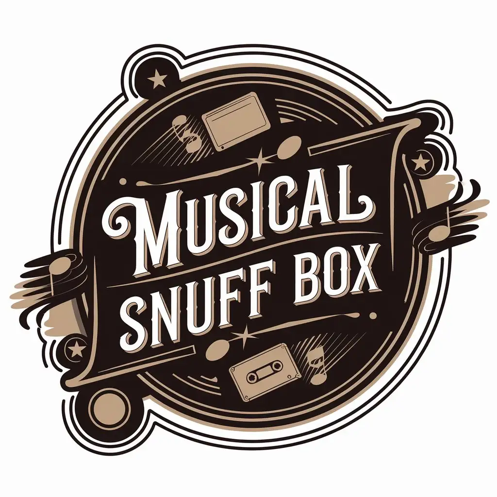 LOGO Design for Musical Snuff Box Small Seal Script Font with Musical Notes and Cassette Abstract Style