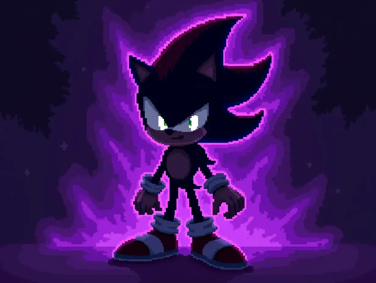 Pixel art pic of dark sonic, standing, dark skin, white eyes, purple aura around him, smirking