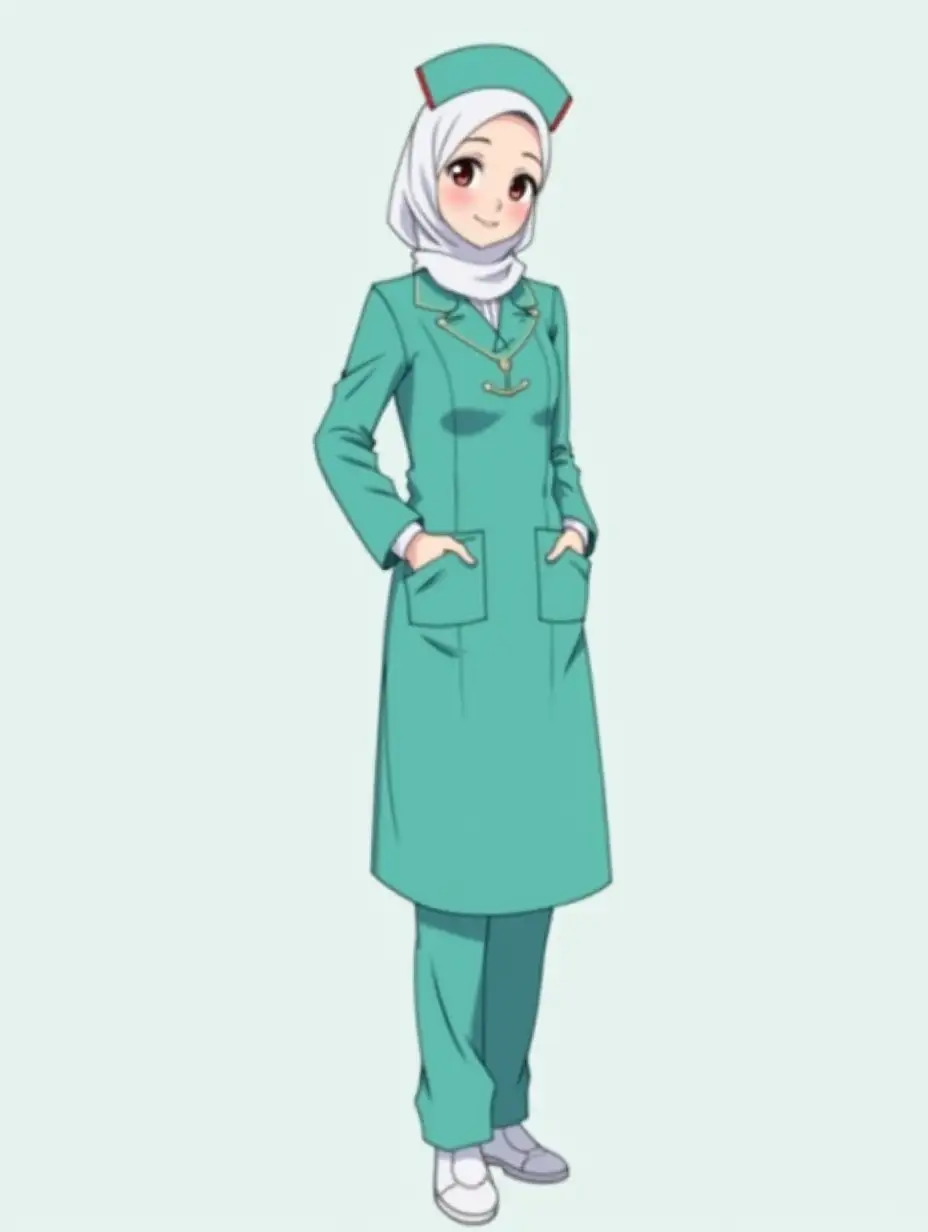 anime Muslim nurse wearing a turquoise uniform, posing nicely with her full body from head to toe