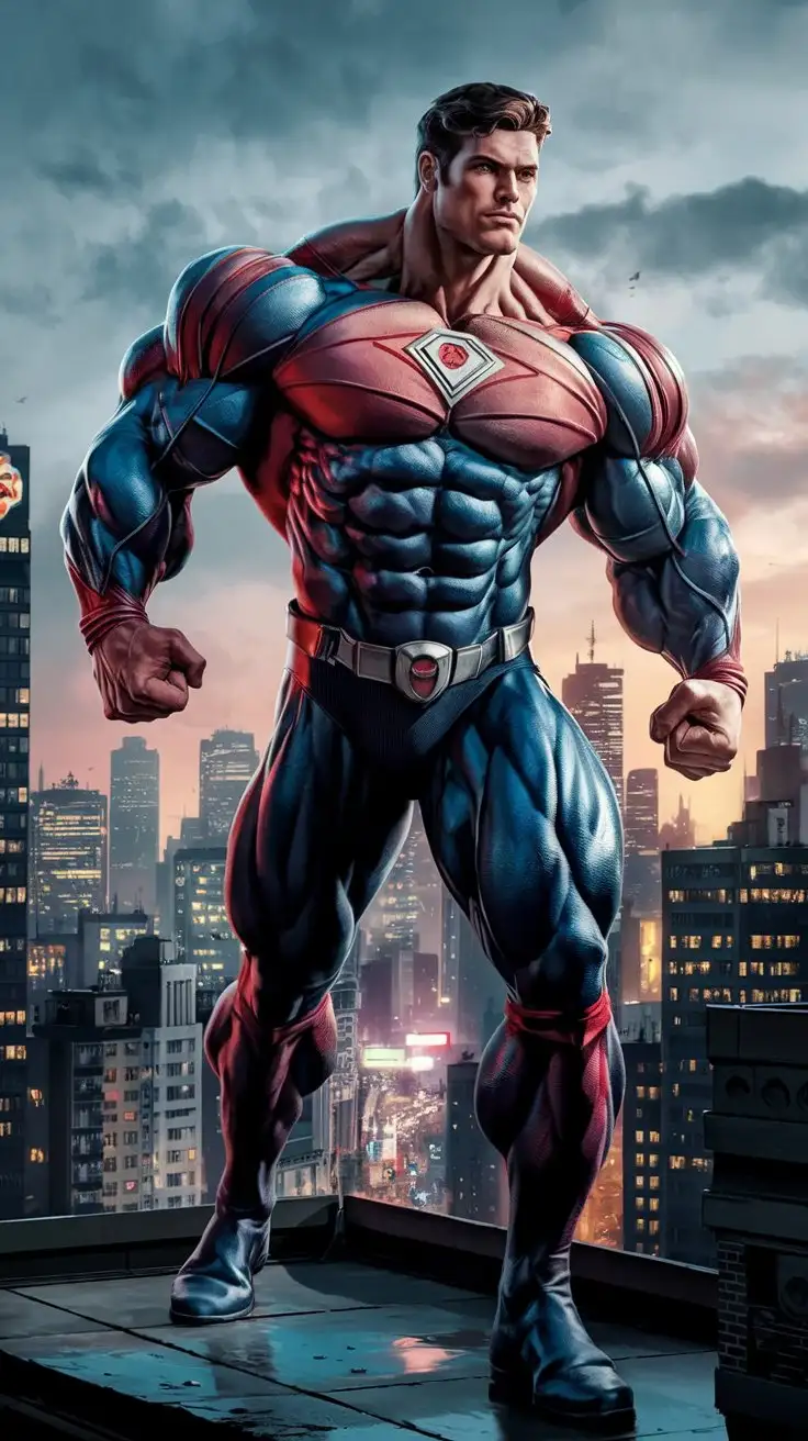 Powerfully muscled, hugely ripped, massively pumped, superpowered, 35-year-old muscle hero watching over the city below. Photorealistic.