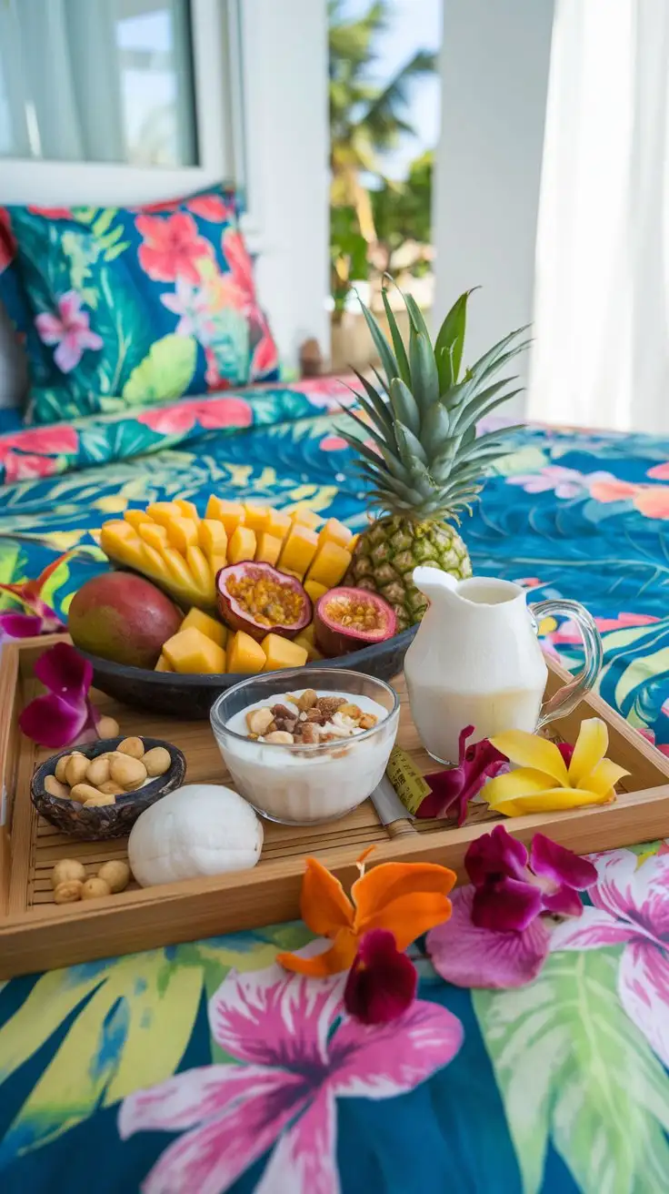 Wide shot, luxurious breakfast in bed, tropical island style, vibrant floral bedding (hibiscus or tropical leaves pattern), bamboo tray, platter of exotic fruits (mango, papaya, pineapple, passion fruit, star fruit), coconut yogurt with granola, macadamia nuts, small pitcher of fresh coconut water, colorful tropical flowers (orchids, hibiscus) scattered on the tray, bright and sunny, vibrant colors, vacation vibe.