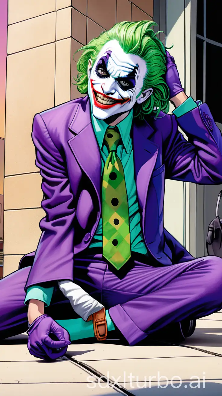 Child-Dressed-as-the-Joker-Playfully-Lying-in-Modern-Urban-Setting