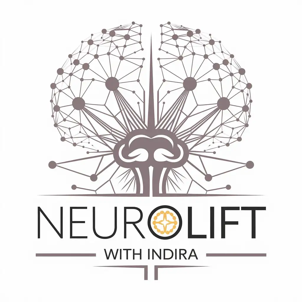 a vector logo design,with the text "NeuroLift with Indira", main symbol:Image of a neural network where neurons are connected by ascending neurons,complex,clear background