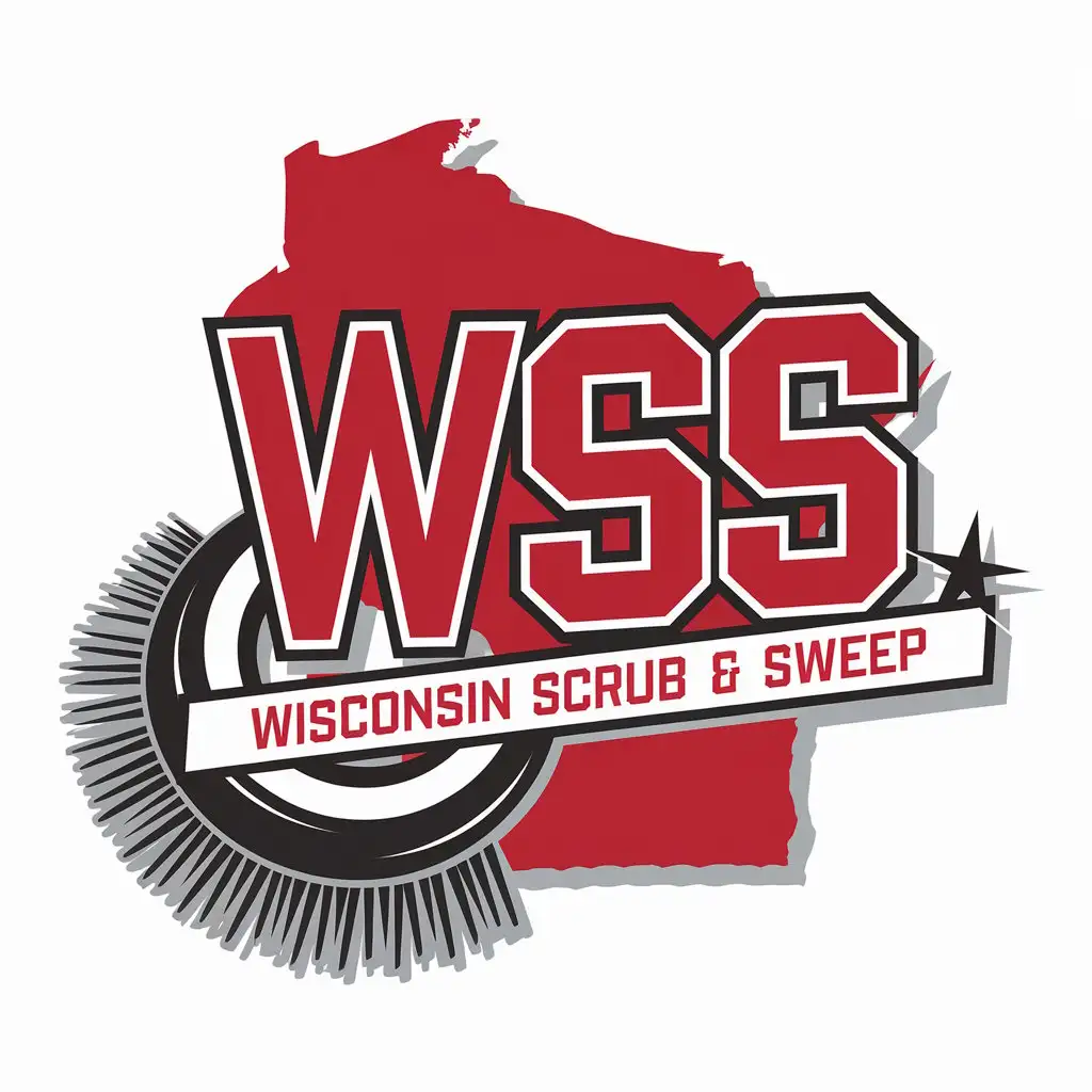 LOGO Design for Wisconsin Scrub Sweep Bold Red WSS with State Silhouette and Cleaning Tools