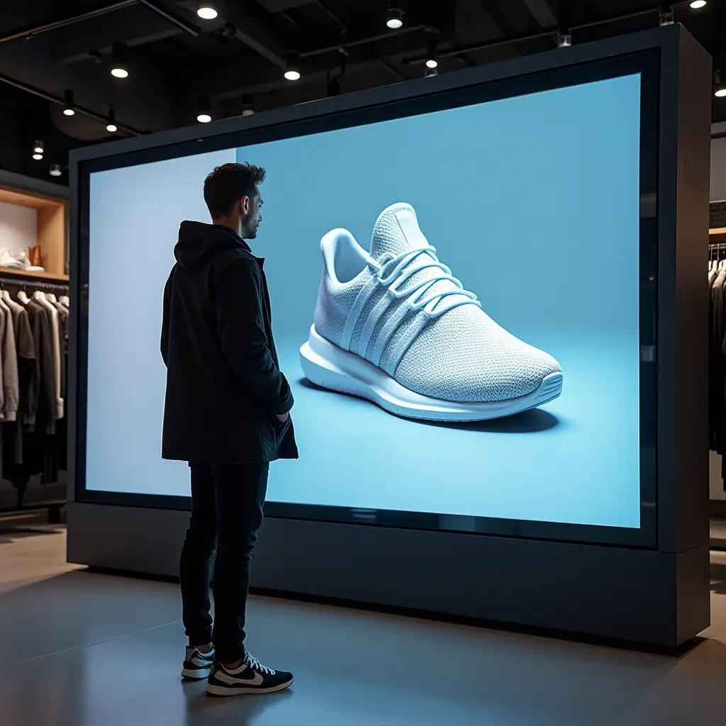 Customer-Engaged-with-Interactive-Screen-in-Fashion-Retail-Store-Featuring-Sneaker-Advertisement