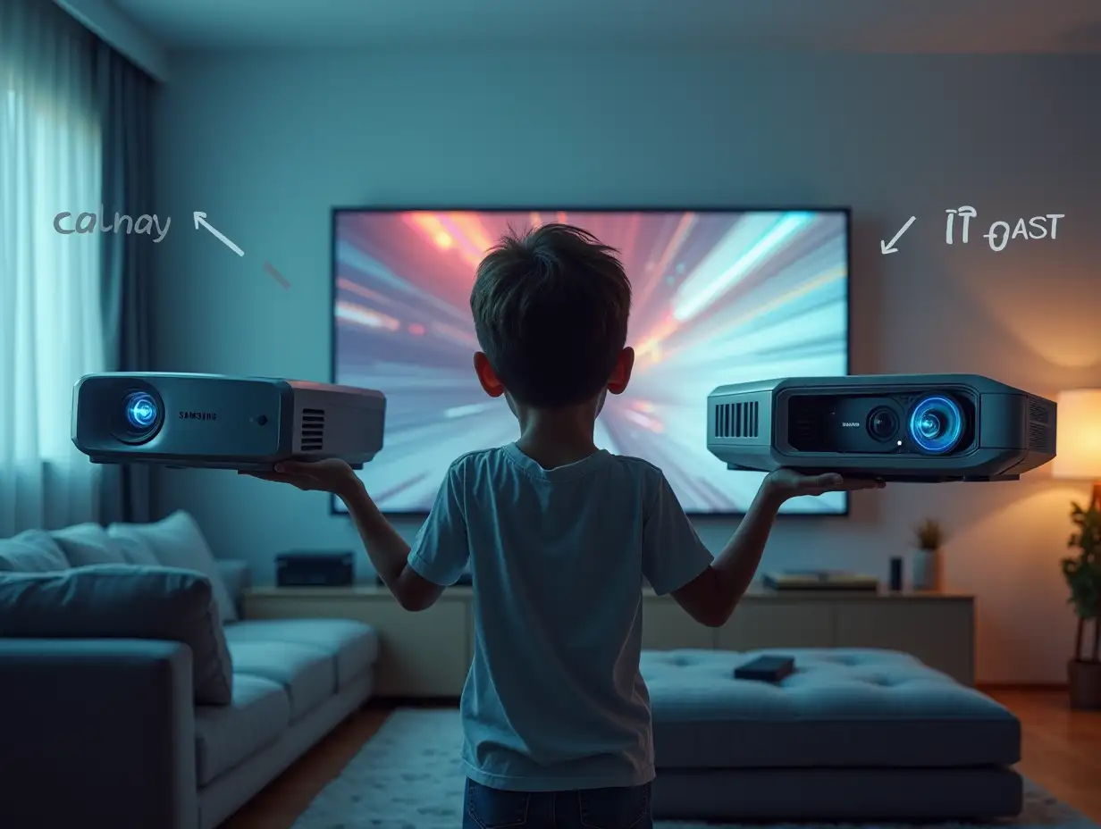 A person standing in a modern living room, amazed as they compare two Samsung projectors side by side—one bulky, old-fashioned, and the other sleek, compact, and futuristic. The scene includes a visible timeline or arrows showing the evolution from past to present. The person should look impressed, holding a remote in their hand, with a cinematic 4K display on the wall in the background. Emphasize a sense of technological advancement.