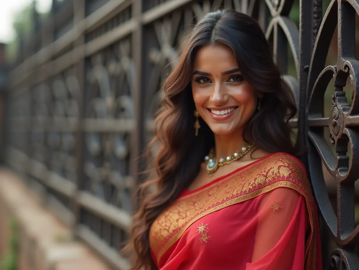 Indian-Woman-in-Chiffon-Saree-with-Wicked-Smile-Against-Antique-WroughtIron-Fences-and-Old-Fort-Wall