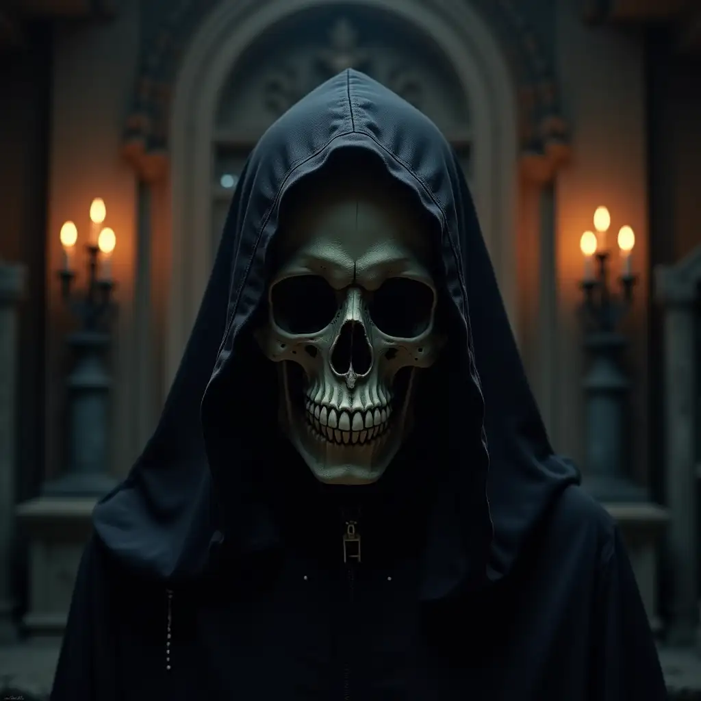 exu skull, with a black big hood, 4k, realist,light, candles, and a cemetery crypt behind