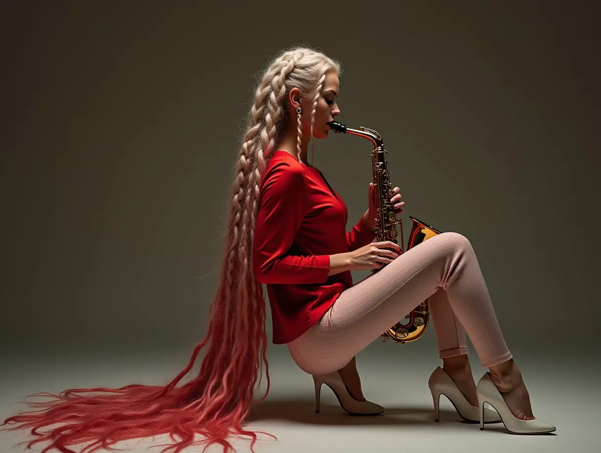 Ultradetailled, hyperrealistic, photorealistic portrait of a woman with long braided white-red mixed hair reaching the floor, red blouse, white high heels and tight white-red striped short pants, playing with a saxophone texture, surfaces and lighting to create depth, dimension and vibrant photorealistic appearance, 120mm shot