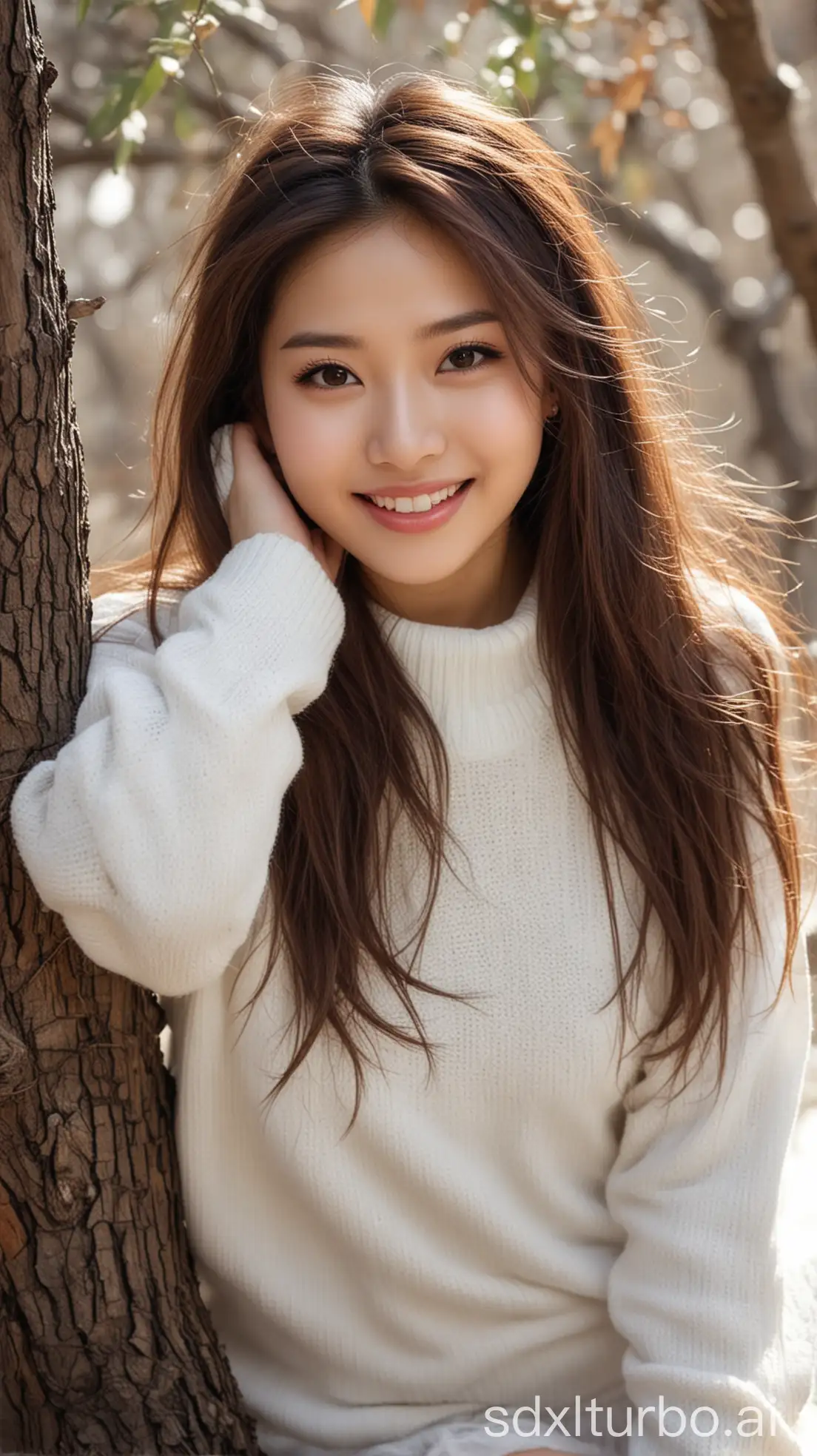 Chinese-Beauty-in-Winter-Sitting-Under-a-Tree-in-a-Village