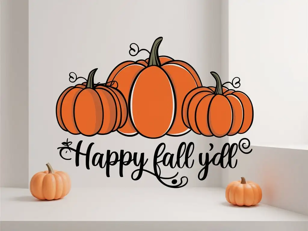 A minimalist illustration of three bright orange pumpkins in different sizes, arranged in a row. The pumpkins have green stems with simple, clean lines. Below the pumpkins, the phrase "Happy Fall Y'all" is written in elegant black cursive font. The background is plain white, giving the design a crisp, modern look. The overall style is clean and festive, perfect for autumn-themed decor or products.