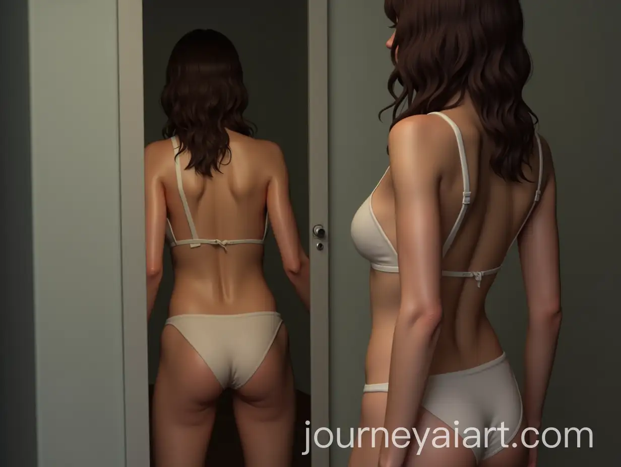 Young-Woman-Trying-on-Underwear-in-Dressing-Room-Mirror