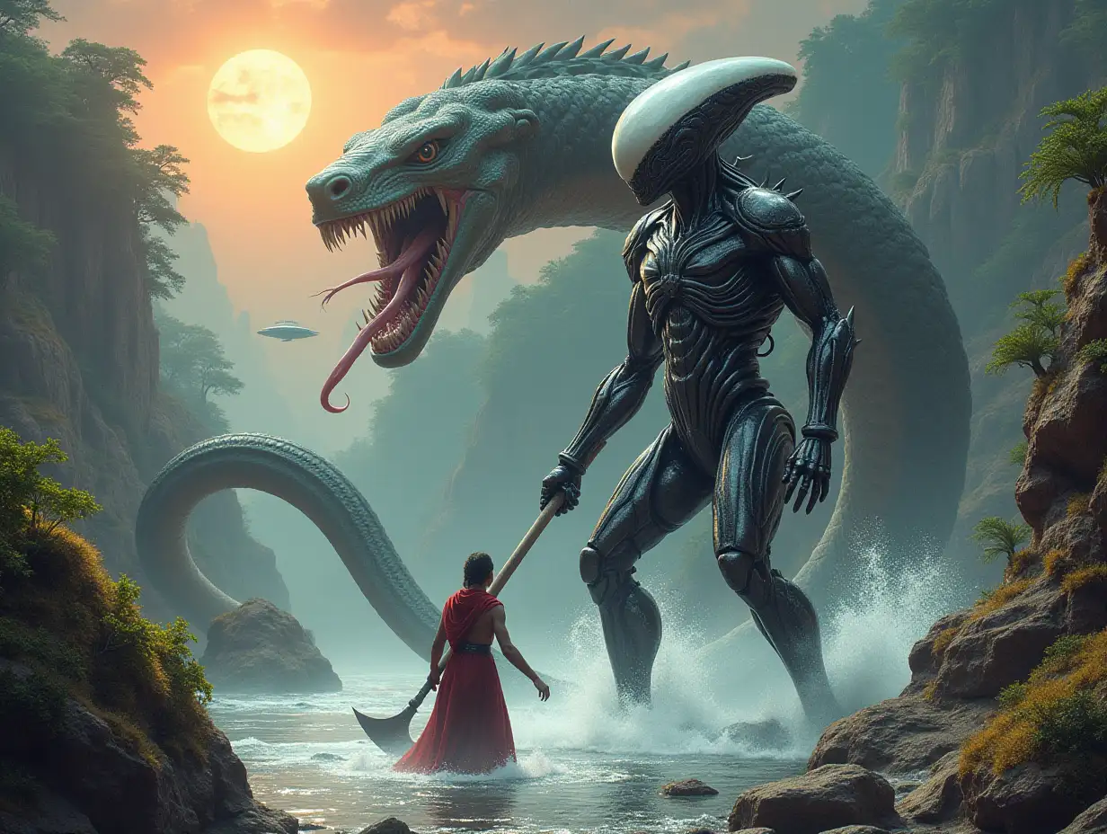 A hyperrealistic portrait of a 15 meter tall metal alien king with metallic black and white hair, wielding an axe in the sea in front of a 10 meter alien predator with a giant alien snake with waves on a rock with plants on a elaborately detailed, colorful forested planet with sun and UFO background.