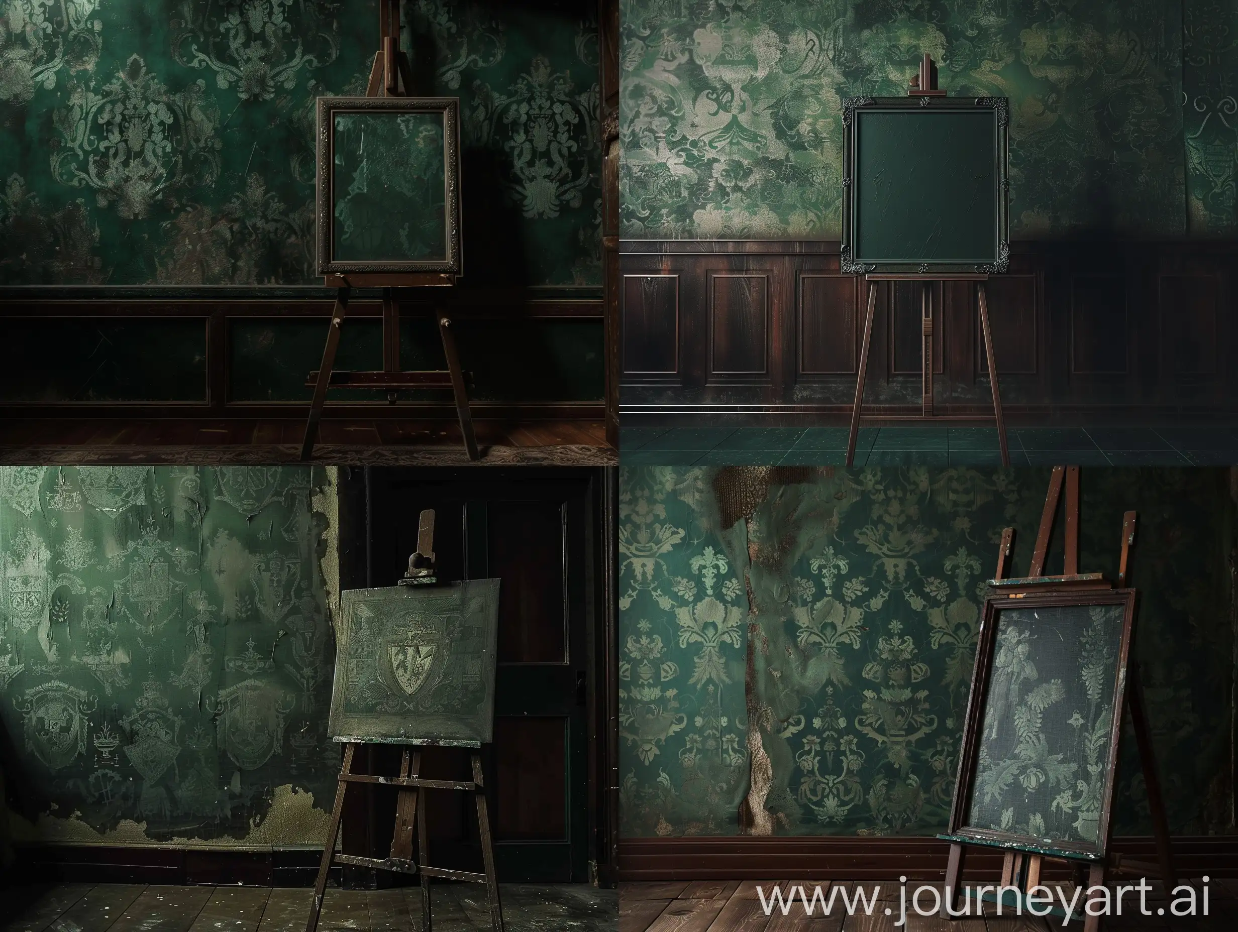 Dark-Wood-Framed-Easel-Against-Green-Wallpaper-with-Coat-of-Arms-Motifs