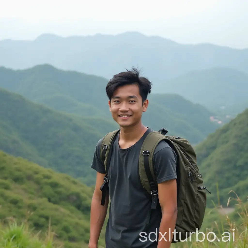 Asian-Young-Man-Hiking-on-Mountain-Hill-with-Backpack-in-Short-Sleeve-Shirt