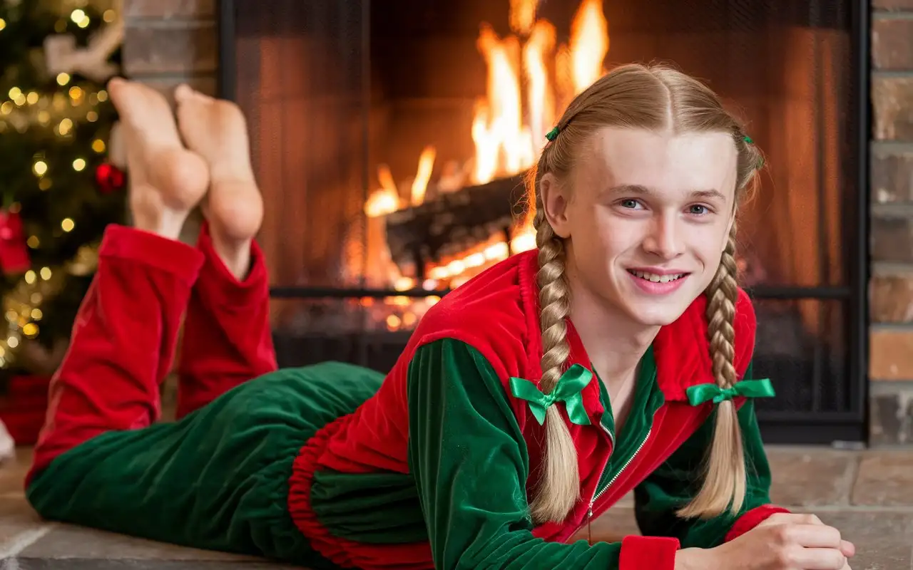 Blond-Boy-in-Green-and-Red-Christmas-Jumpsuit-by-the-Fireplace