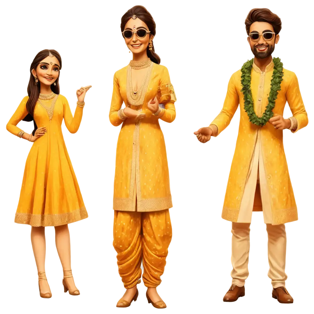 Stunning-Indian-Haldi-Ceremony-PNG-Caricature-Bride-and-Groom-in-Yellow-Attire