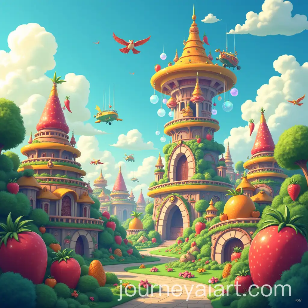 Whimsical-Cityscape-of-Fruit-and-VegetableInspired-Buildings-with-Floating-Structures-and-Enchanted-Elements