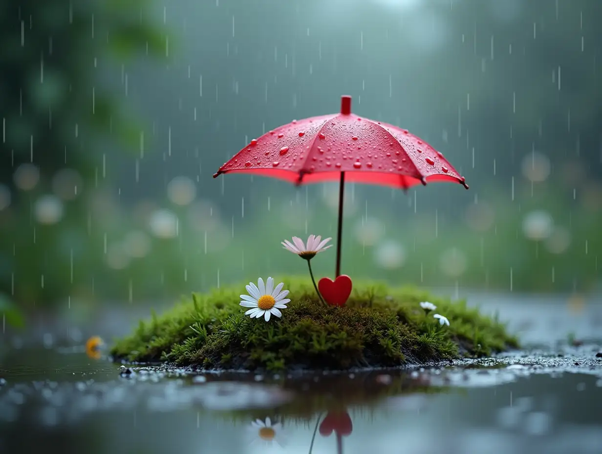 Serene-Rainy-Day-with-Umbrella-Daisies-and-HeartShaped-Decoration