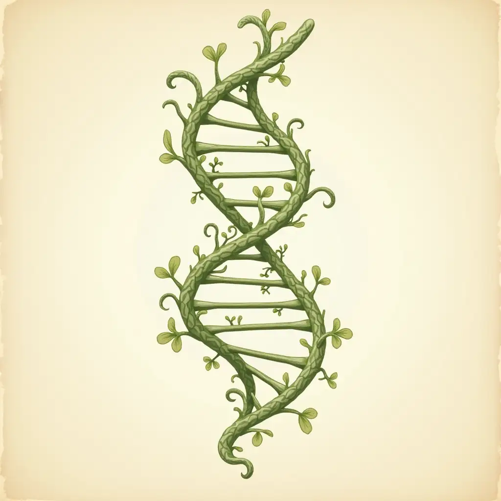 Botanical-DNA-Helix-Illustration-with-Vines-and-Leaves-on-Paper-Textured-Background
