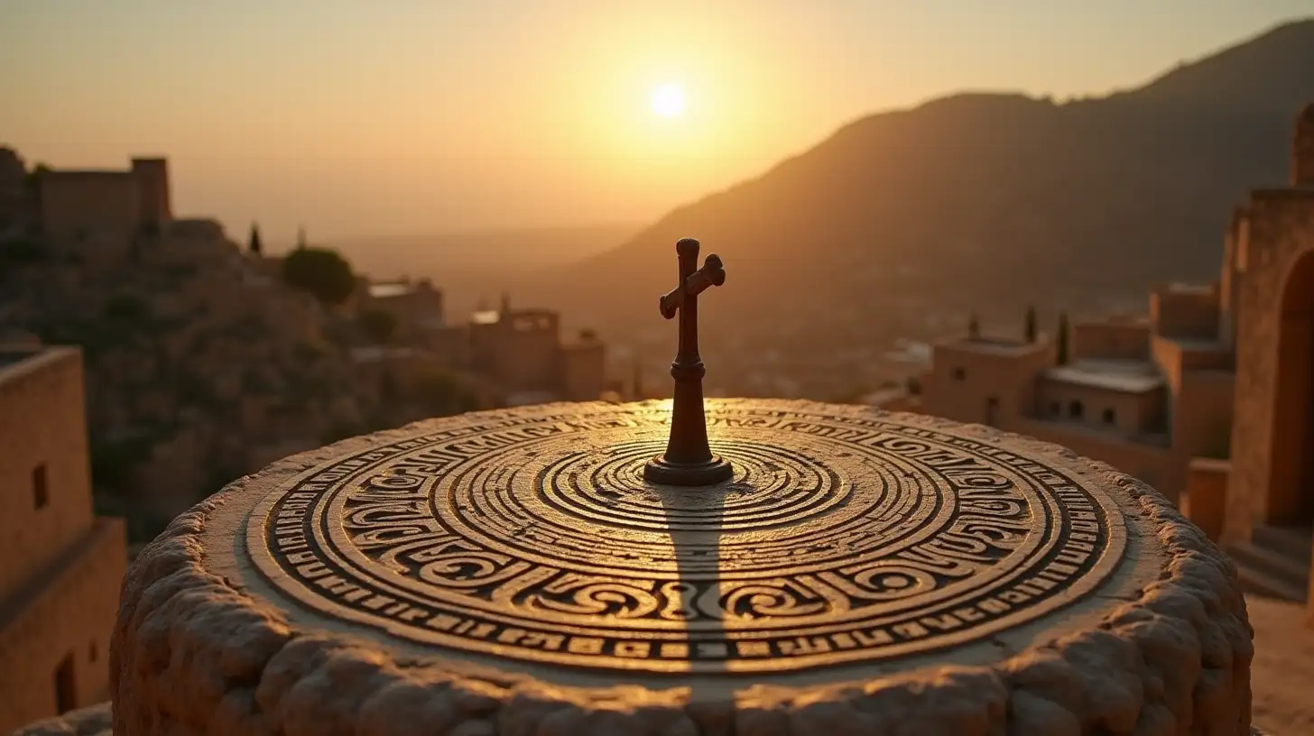 CloseUp View of Biblical Era Ornate Sun Dial in Mountainous Town Setting