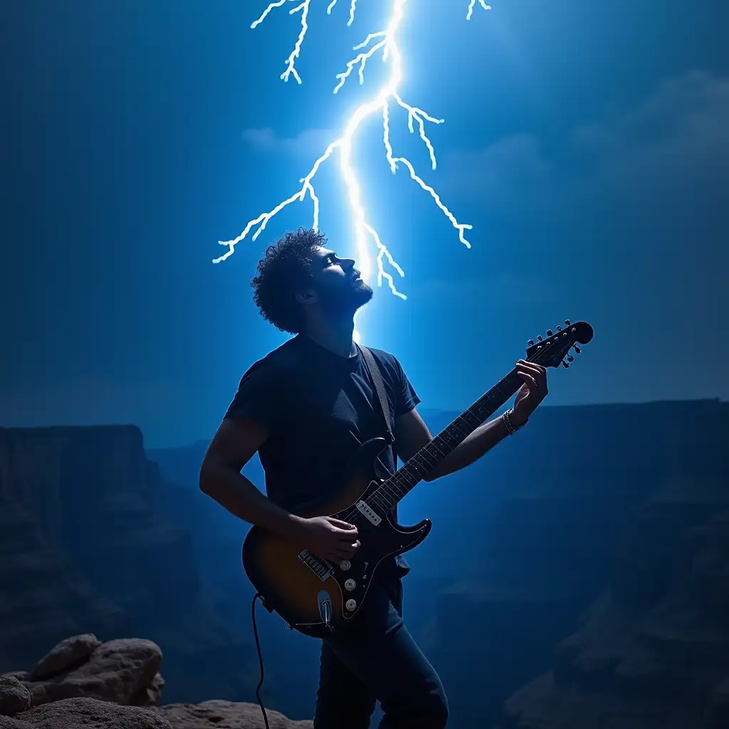 a man dark curly short hair with stubble playing a strat like guitar struck by blue lightening at the top of a peak in grand canyon. the lightening goes through his head to his left and right arms and hands. he is looking up