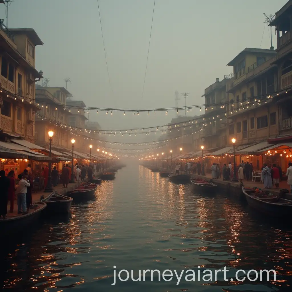 Scenic-View-of-Banaras-Ghaat-at-Sunrise-with-Pilgrims-and-Holy-River