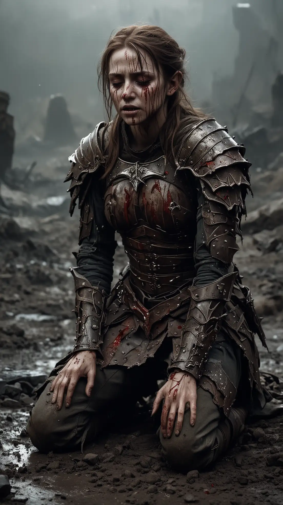 Elf queen with brown hair and light damaged armour is wounded with a bloody face, bloody wounds, battle worn, blackened eyes, covered in blood and dirt, who is kneeling on a desolate battlefield at a dark night. She is suffering with closed eyes and tortured with agonizing pain.