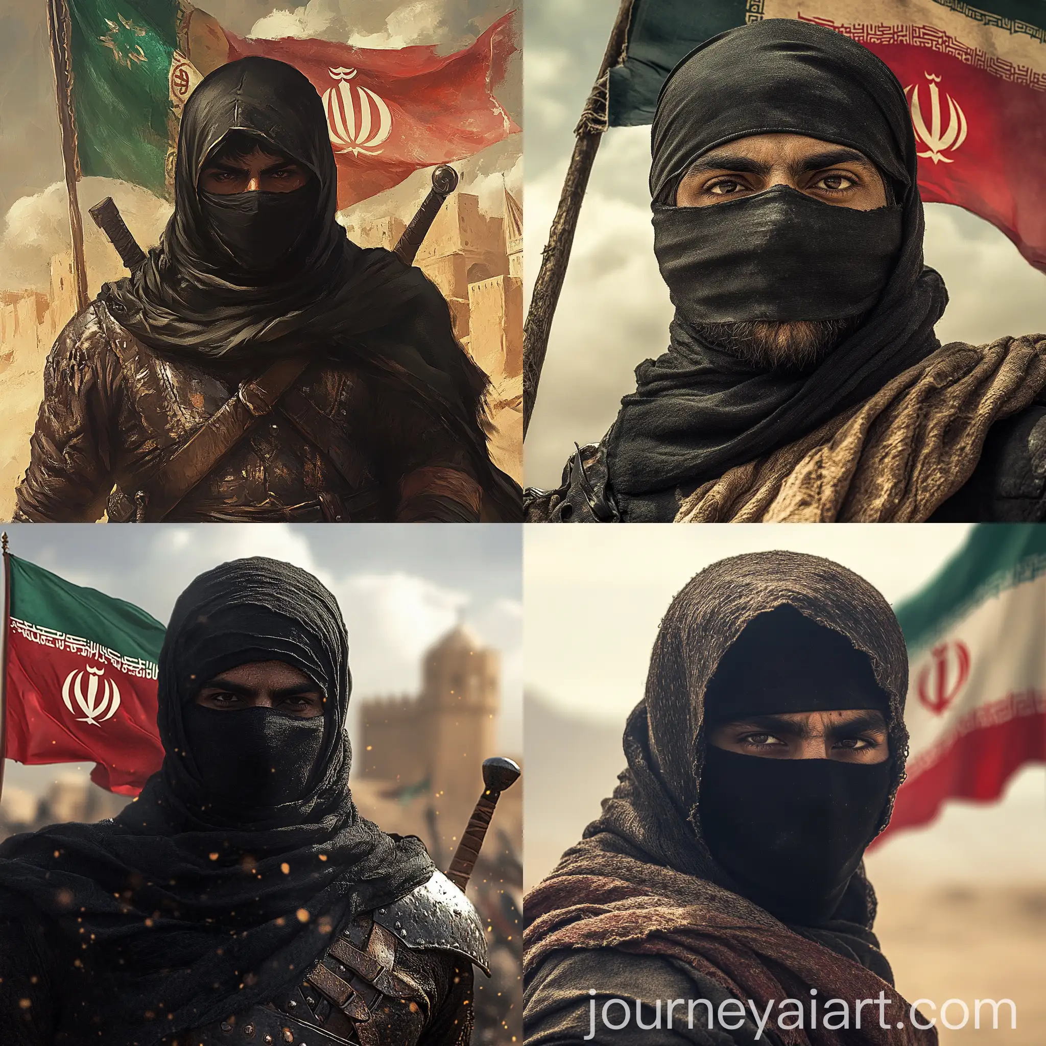 Persian-Warrior-in-Medieval-Desert-with-Iranian-Flag