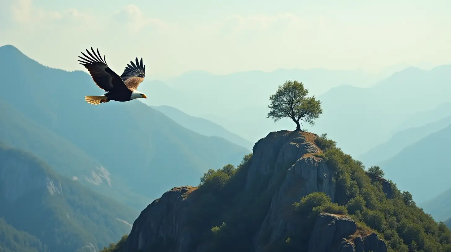 Eagle Soaring Above Mountain with Lone Tree