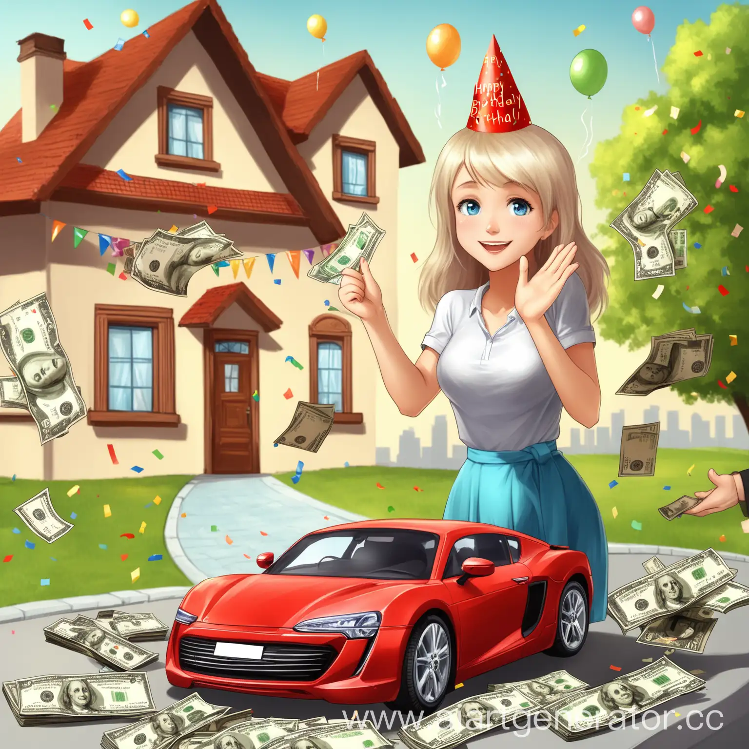 Birthday-Celebration-Beautiful-Girl-Congratulating-with-Money-Car-House-and-Happiness