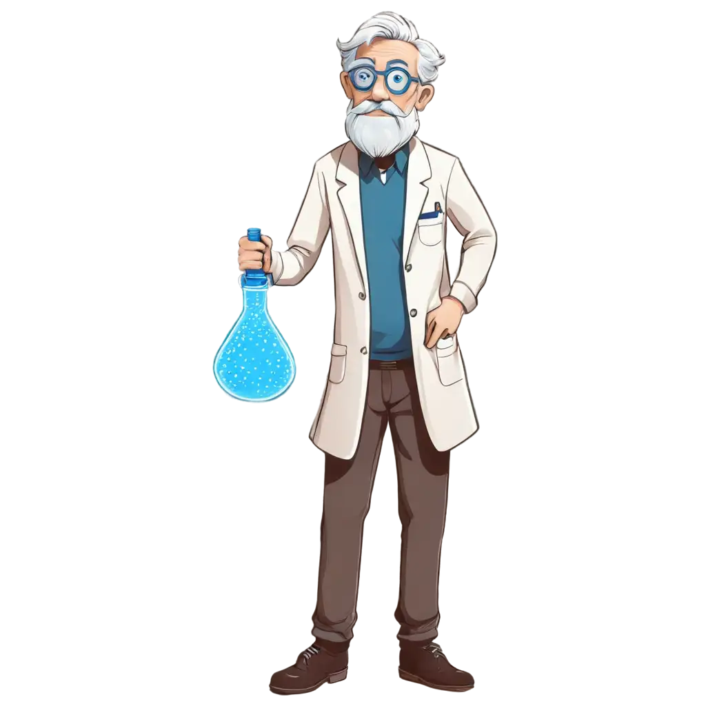 Cartoon-of-Old-Scientist-Thinking-with-Blue-Fluorescent-Glowing-Flask-PNG-Image