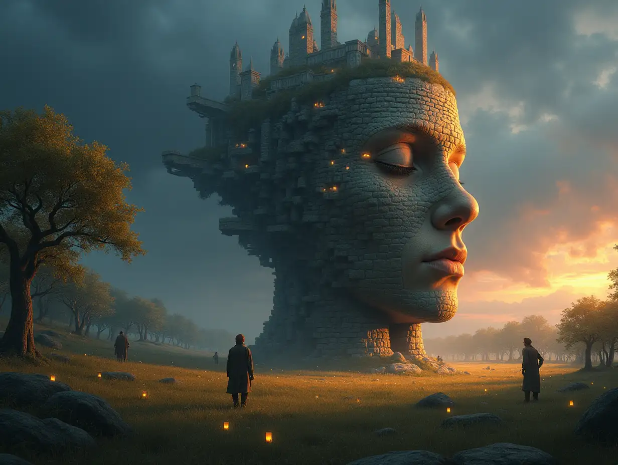 Creating a digital painting of a face with legs turning into a building with armor stones and illuminated trees, lanterns and people on a meadow at noon