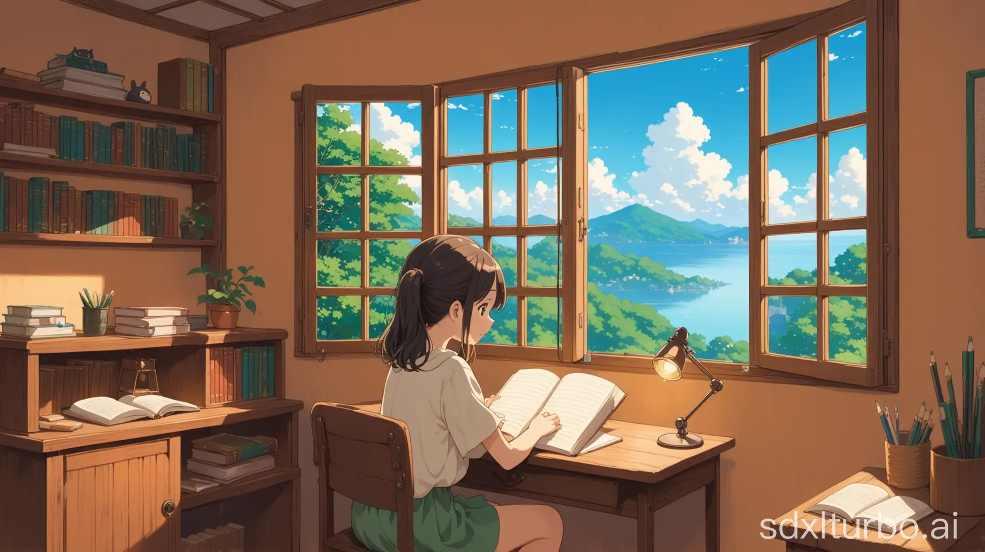 Same cute girl studying in her cozy room with scenic view from the window with the same color of walls and everything in studio ghibli style