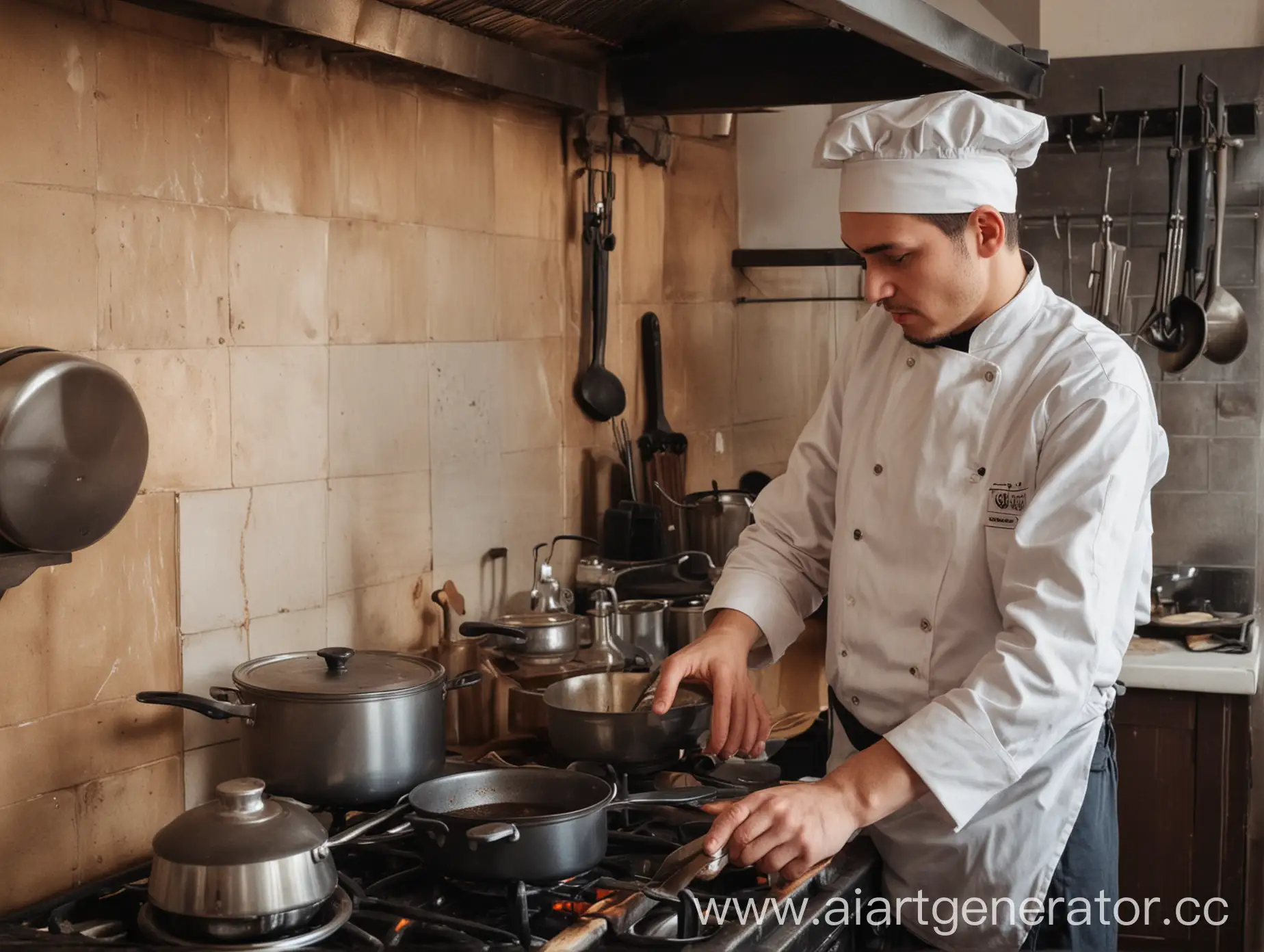 Cook-Preparing-Food-Near-Stove-in-Cozy-Cafe-Kitchen