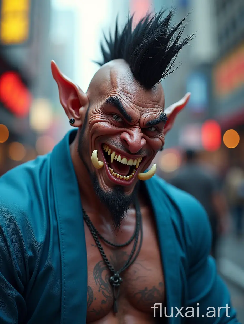 muscular asian orc smile, protruding large tusks, blue kimono, mohawk punk hairstyle, cyberpunk city