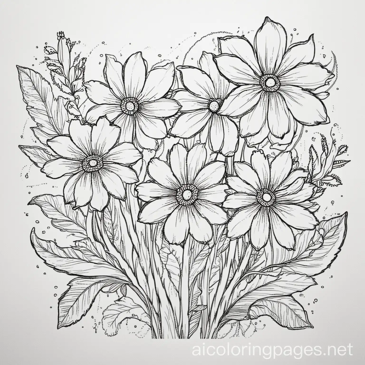 Flowers, Coloring Page, black and white, line art, white background, Simplicity, Ample White Space. The background of the coloring page is plain white to make it easy for young children to color within the lines. The outlines of all the subjects are easy to distinguish, making it simple for kids to color without too much difficulty