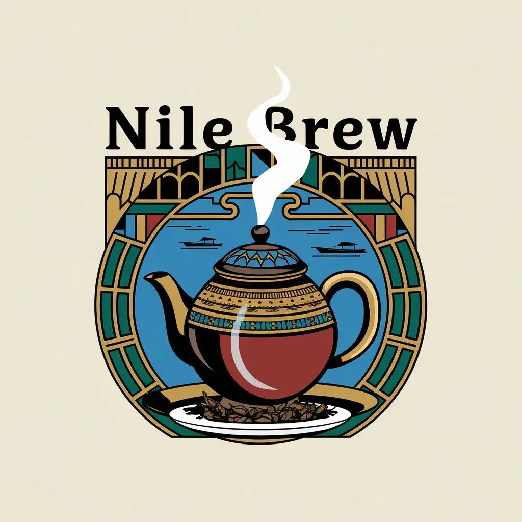 a vector logo design,with the text "user_prompt: title:Nile Brew title: Nile's Heritage in Every Sip description: Enjoy the authentic taste of Sudanese Nile brewed tea, carefully prepared to reflect our ancient heritage and the timeless spirit of the Nile colors: Blue and green with hints of golden tones symbols: Include an image of the Nile river with traditional Sudanese elements such as the jalabiya and the Sudanese tobe", main symbol:steeping tea,Moderate,be used in Restaurant industry,clear background