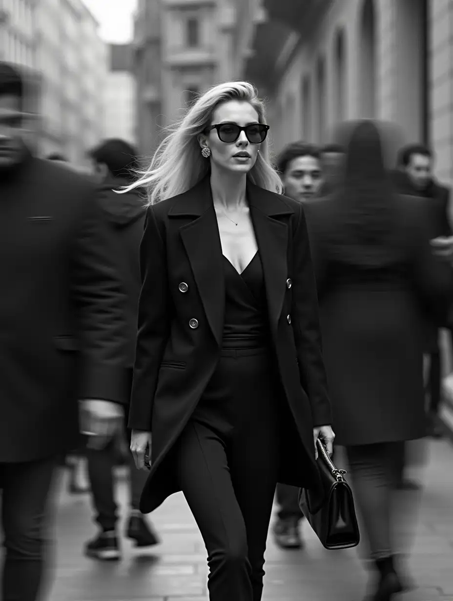 Elegant-Woman-Walking-Through-Crowded-Street-in-Black-and-White-Photography