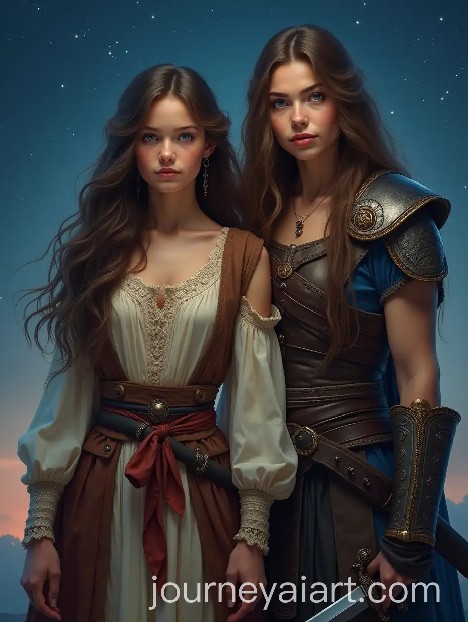 Medieval-Peasant-and-Barbarian-Warrior-Women-under-Starlit-Sky